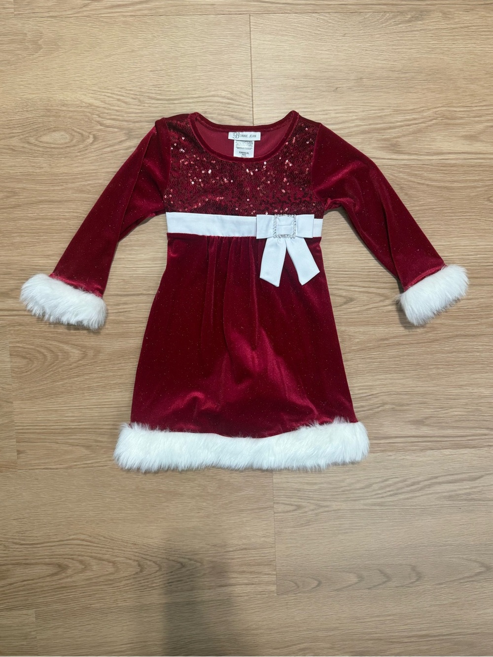 Bonnie Jean Holiday Velvet Red Dress with White Faux Fur Trim